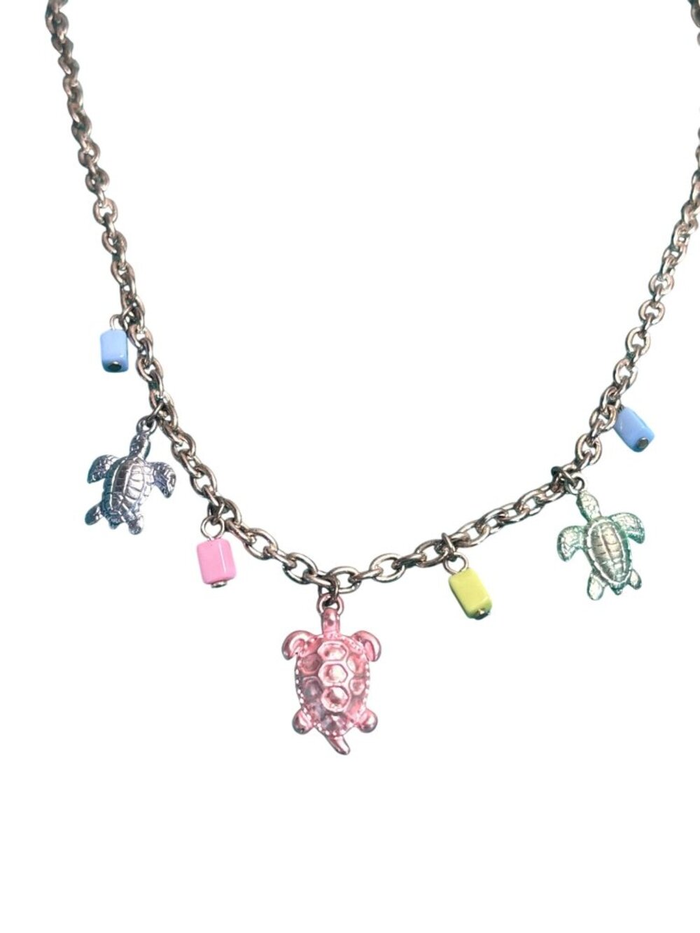 Vtg Y2K Pastel Turtles Bead Fringe Necklace Silvertone Toggle Clasp 15 inches